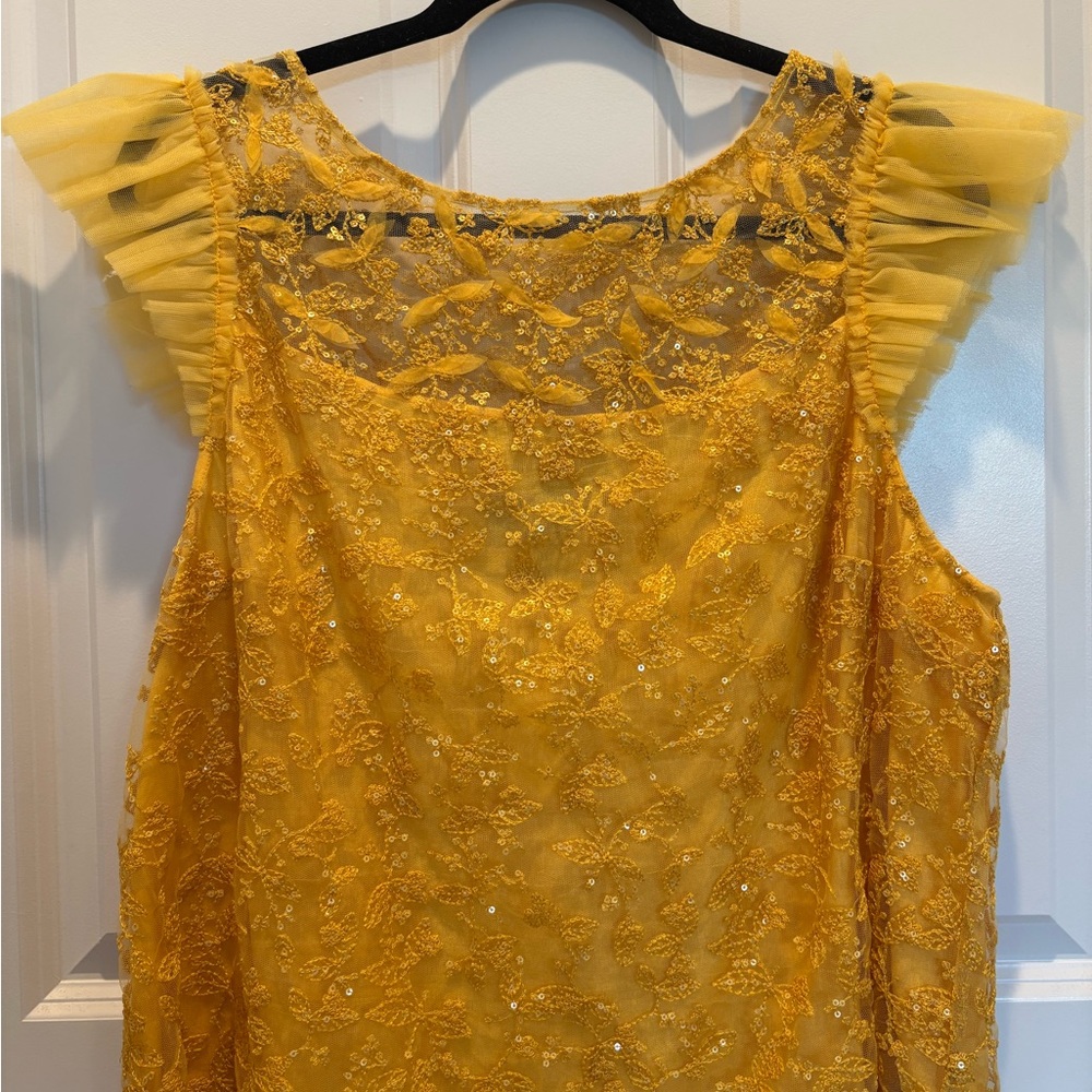 Anthropologie Geisha Designs Yellow Embroidered Flutter Tulle Sequin Blouse